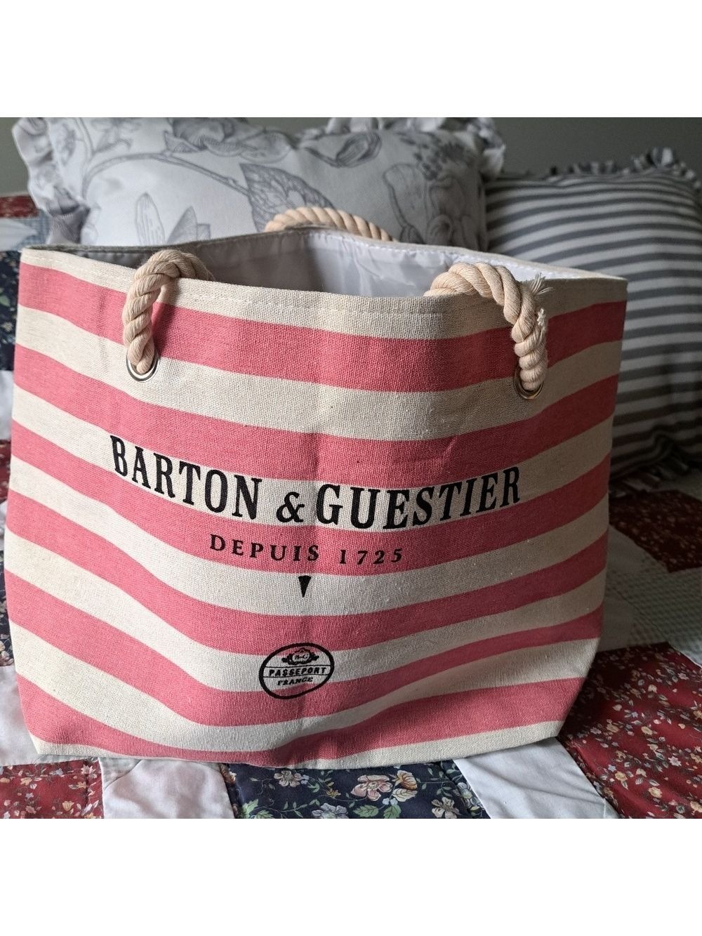 BARTON & GUESTIER France striped TOTE bag open top rope handles lined beach tote